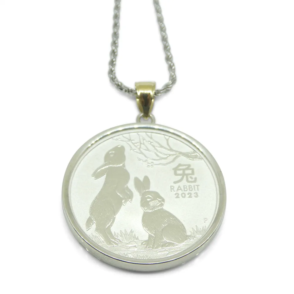 Year of the Rabbit Half Ounce Australian Coin Necklace set in Sterling Silver with a 14k Yellow Gold Bail