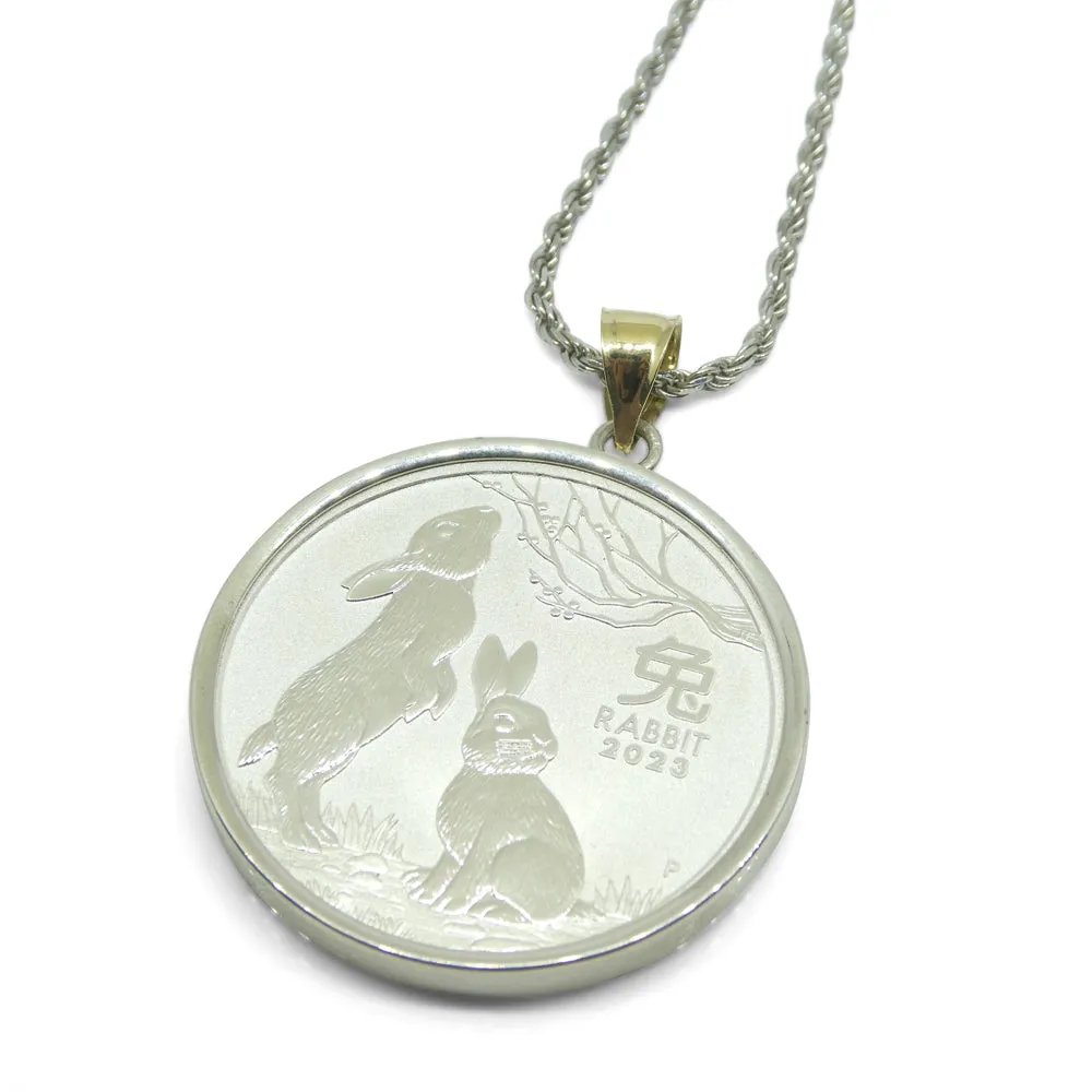 Year of the Rabbit Half Ounce Australian Coin Necklace set in Sterling Silver with a 14k Yellow Gold Bail