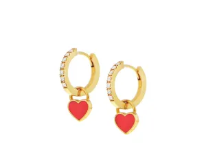 Yellow gold and diamond small hoop earrings with red enamel heart