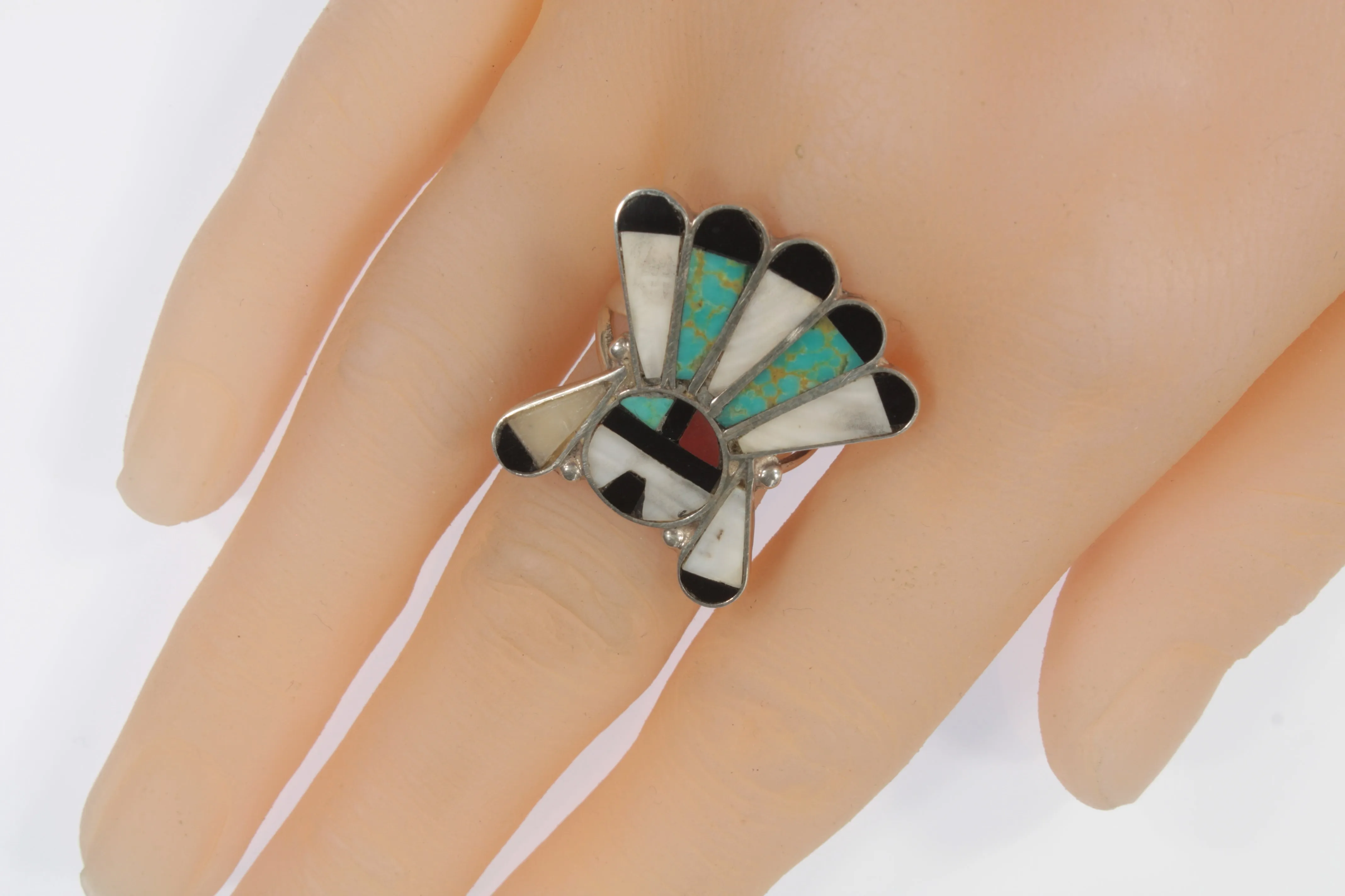 Zuni Sunface Inlay Sterling Silver Ring SZ: 7.50